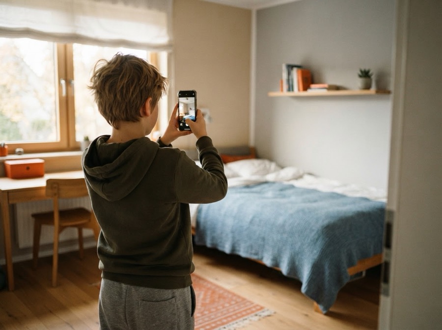 Ein Junge fotografiert sein aufgeräumtes Zimmer mit dem Handy