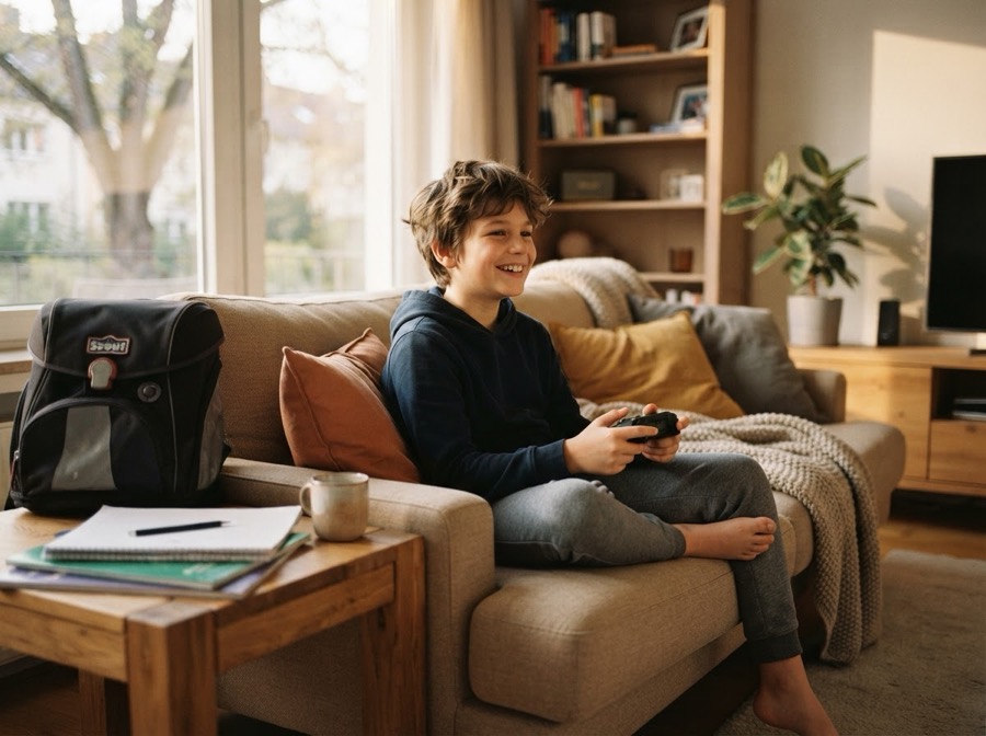 Ein Junge sitzt nach den Hausaufgaben mit dem Controller auf dem Sofa