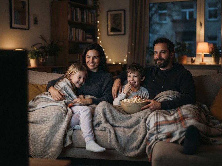 Eine Familie kuschelt am Filmabend mit Popcorn auf dem Sofa