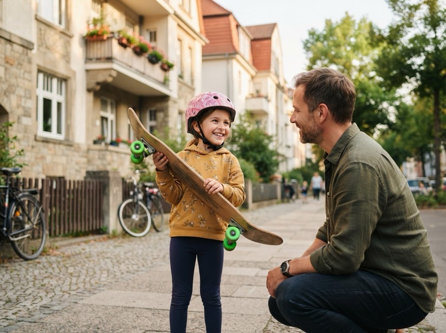 Ein Mädchen mit Helm zeigt ihrem Vater auf der Straße ihr Skateboard