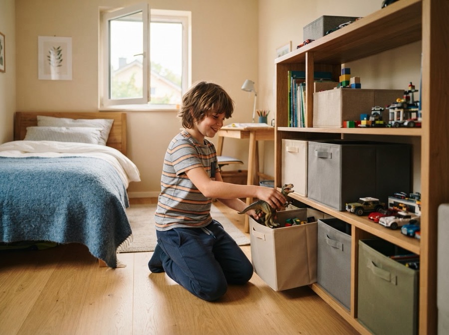 Ein Junge räumt Spielzeug in Kisten in seinem Kinderzimmer