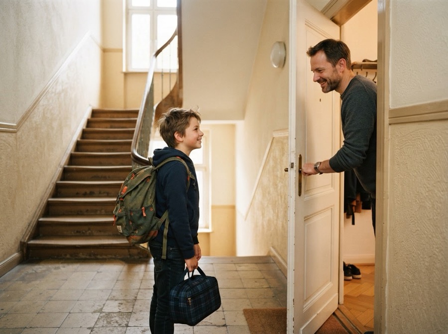 Ein Junge mit Rucksack kommt bei seinem Vater an, der die Wohnungstür öffnet