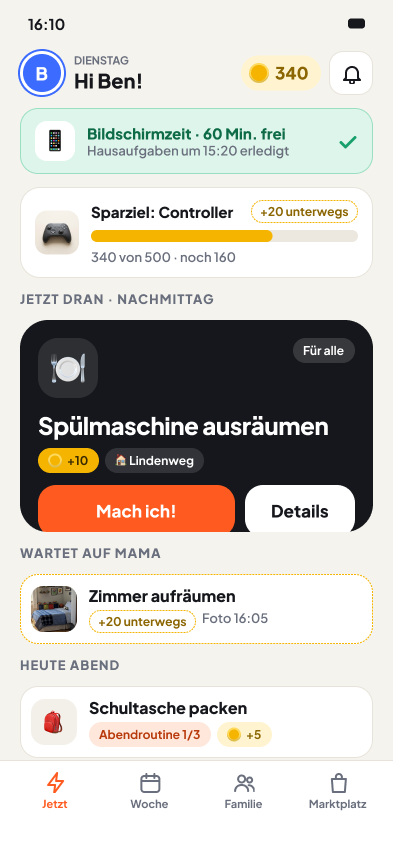 App-Ansicht „Jetzt“ für ein Kind: was gerade dran ist, Coins und Bildschirmzeit